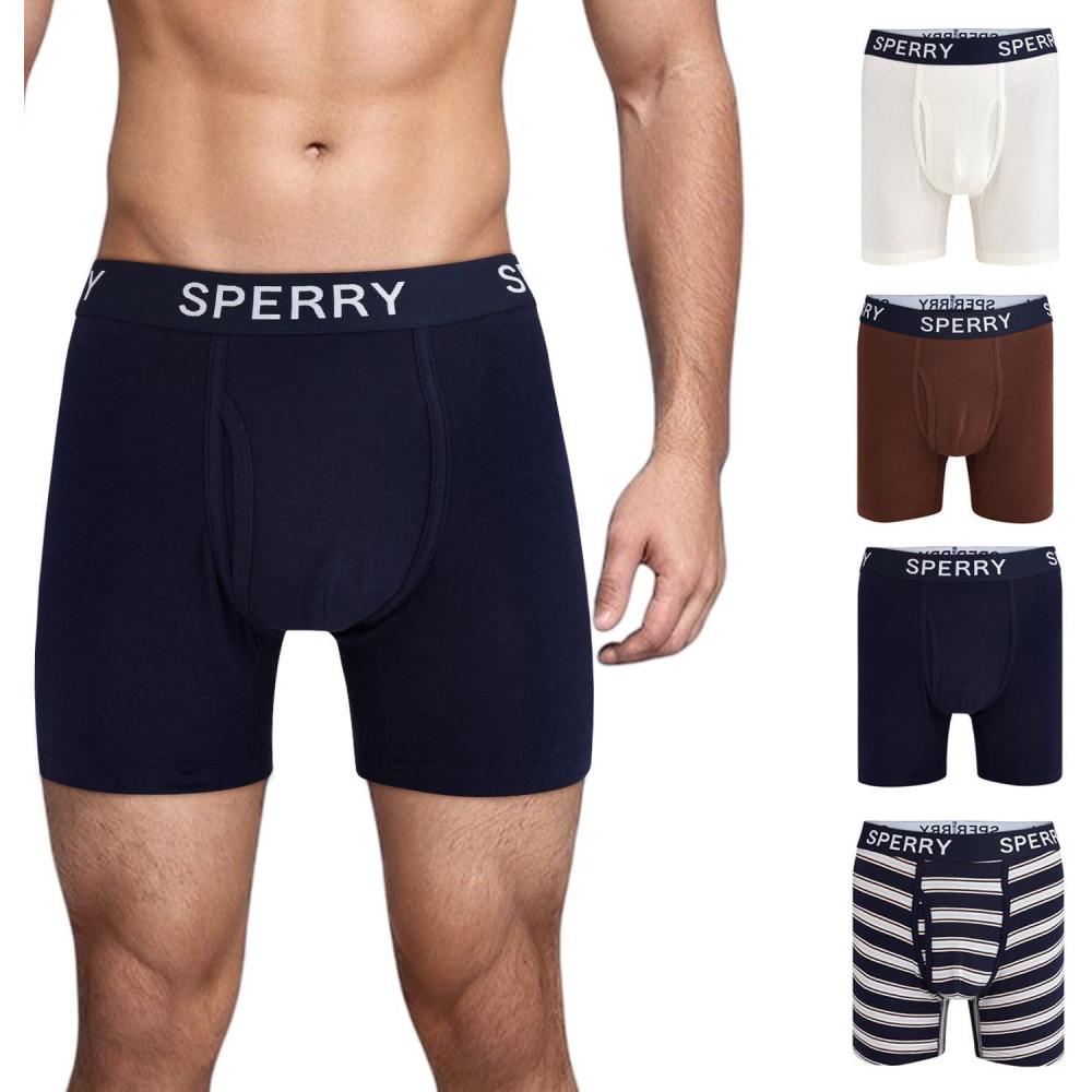 imageSperry 4Pack Mens Premium Cotton Stretch Boxer Briefs  Everyday Comfort Cotton Mens Boxer Briefs with Fly Pouch amp 5 InseamBlue Multi