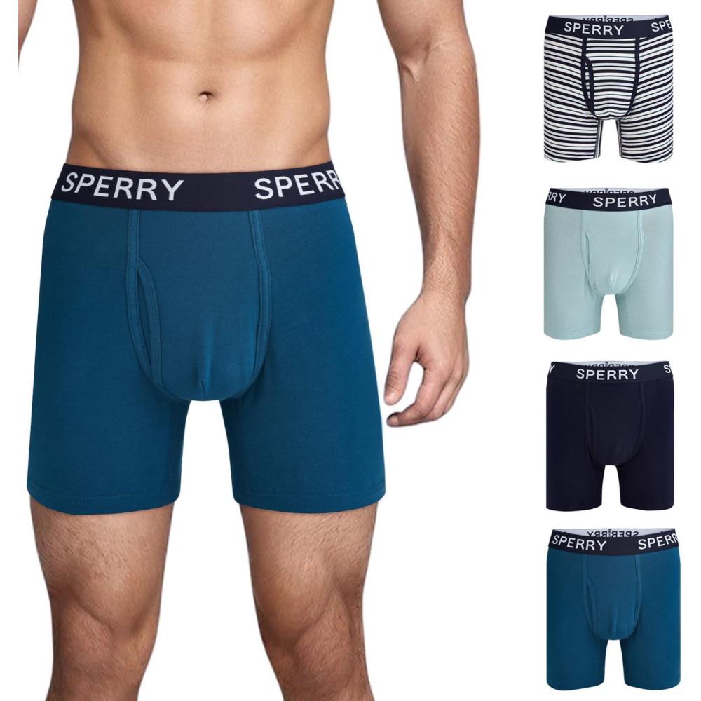 imageSperry 4Pack Mens Premium Cotton Stretch Boxer Briefs  Everyday Comfort Cotton Mens Boxer Briefs with Fly Pouch amp 5 InseamBlue Multi Stripe