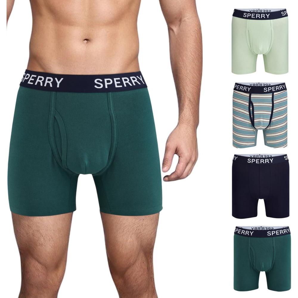 imageSperry 4Pack Mens Premium Cotton Stretch Boxer Briefs  Everyday Comfort Cotton Mens Boxer Briefs with Fly Pouch amp 5 InseamDark Green Multi