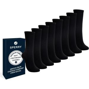 Sperry Men’s 8-Pack Cushion Comfort Crew Socks – Moisture-Wicking Athletic Socks –White Crew Socks for Everyday or Sports Use(Black)