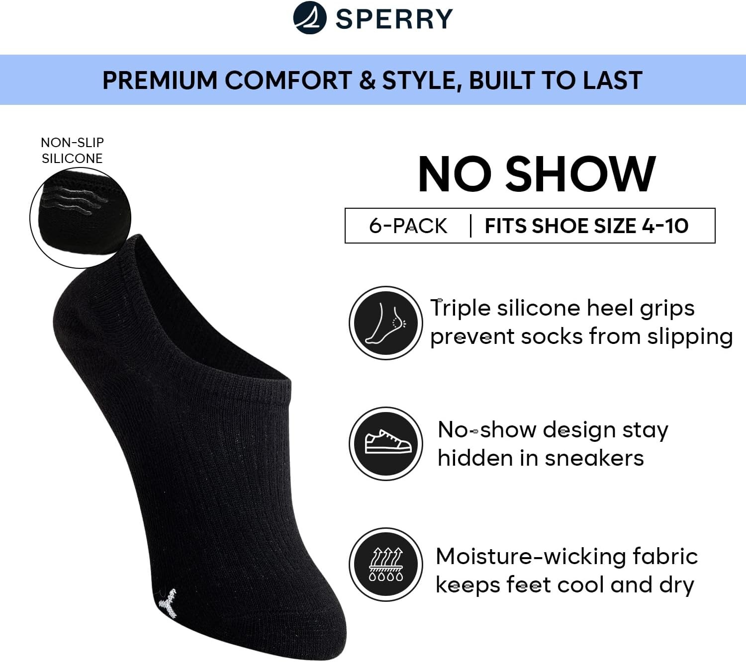 image:imageSperry Womens 6Pack No Show Socks Invisible Low Cut Liner MoistureWicking NonSlip Lightweight Ideal for SneakersBlack